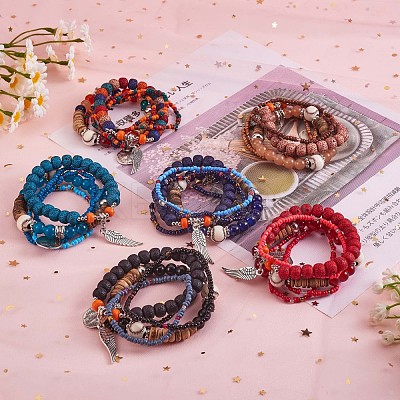 5Pcs 5 Style Wood & Glass Seed & Acrylic Beaded Stretch Bracelets Set with Baseball JB709C-1