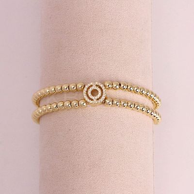 Brass Micro Pave Clear Cubic Zirconia Beads Double Strands Stretch Bracelets for Women FS-WGC7159-15-1