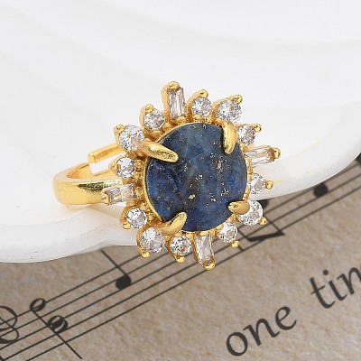 Sunflower Natural Lapis Lazuli Finger Rings RJEW-B113-03G-02-1
