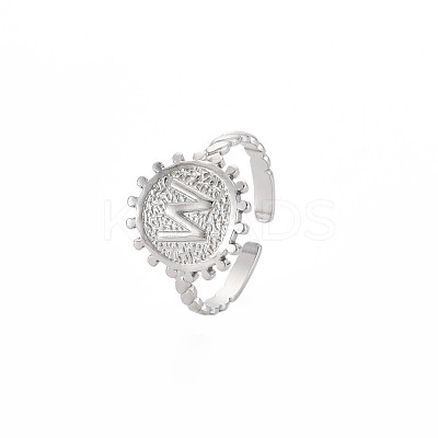 Non-Tarnish 304 Stainless Steel Flat Round with Initial Letter Open Cuff Ring for Men Women RJEW-S405-246P-W-1