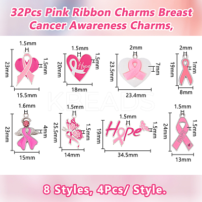 32Pcs 8 Styles Breast Cancer Pink Awareness Ribbon Theme Alloy Enamel Pendants ENAM-DC0001-75-1