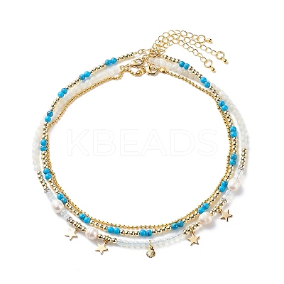 3Pcs 3 Style Natural Pearl & White Moonstone & Synthetic Turquoise & Opalite Beaded Necklaces Set NJEW-JN04000-1