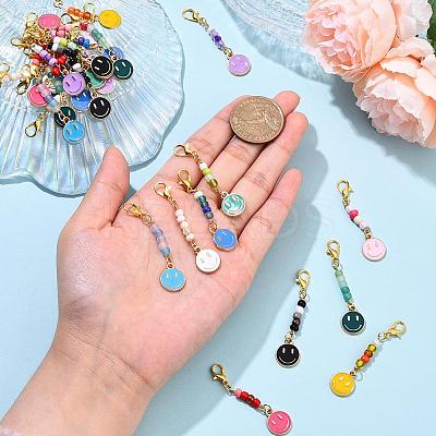 30Pcs 10 Styles Smiling Face Alloy Enamel & Glass Seed Pendant Decorations HJEW-YW00143-1