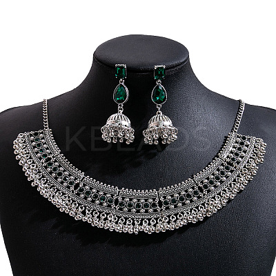Teardrop Ethnic Style Alloy Glass Rhinestone Bib Necklaces & Dangle Earrings Sets FS-WG130A9-02-1