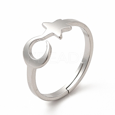 Non-Tarnish 304 Stainless Steel Star and Moon Adjustable Ring for Women RJEW-B027-15P-1