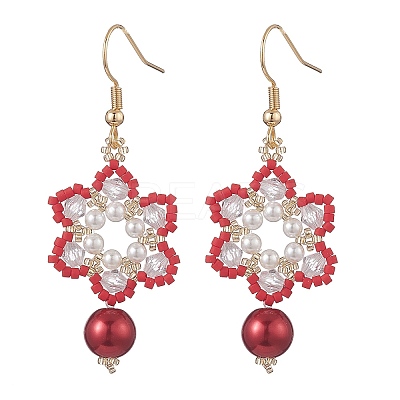 Glass Seed & Shell Pearl & Acrylic Braided Flower Dangle Earrings EJEW-MZ00071-1