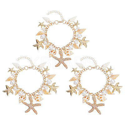 3Pcs Natural Conch Shell & Alloy Starfish & CCB Plastic Pearl Charm Bracelet BJEW-PH0004-35-1