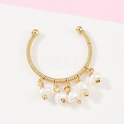 Brass Natural Freshwater Pearl Adjustable Open Cuff Rings for Women RJEW-U064-01G-1