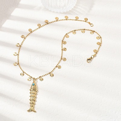 304 Stainless Steel with Synthetic Turquoise Fish Pendant Necklaces for Women NJEW-F362-02G-1