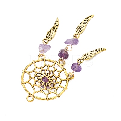 9Pcs 9 Styles Natural & Synthetic Mixed Chip Stone Alloy Woven Web/Net with Feather Big Pendants PALLOY-JF04033-1