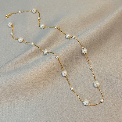 Stainless Steel & Imitation Pearl Round Link Chain Necklaces for Women WGE4439-01-1