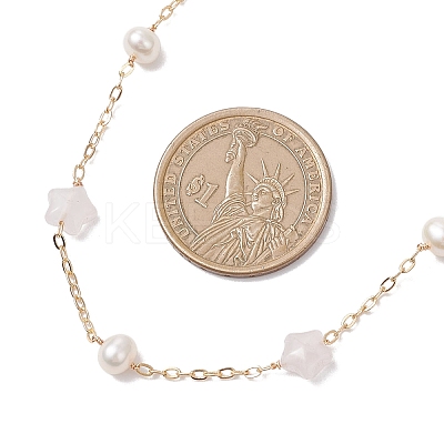 Natural Rose Quartz Star & Natural Freshwater Pearl & Brass Link Chain Necklaces NJEW-JN05687-01-1