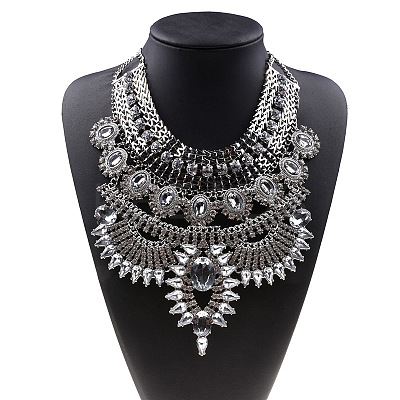Alloy Crystal Rhinestone Trible Floral Chunky Bib Necklaces for Women FS-WG76656-04-1