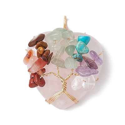 Natural Rose Quartz Copper Wire Wrapped Heart Pendants PALLOY-JF02847-01-1