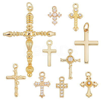 10Pcs 10 Styles Brass Micro Pave Cubic Zirconia Charms KK-GA0002-21G-1