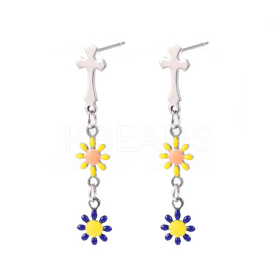 Cross with Flower Enamel Long Dangle Stud Earrings EJEW-N049-01B-1