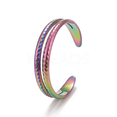 Rainbow Color Ion Plating(IP) 304 Stainless Steel Double Line Open Cuff Ring for Women RJEW-A005-41MC-1