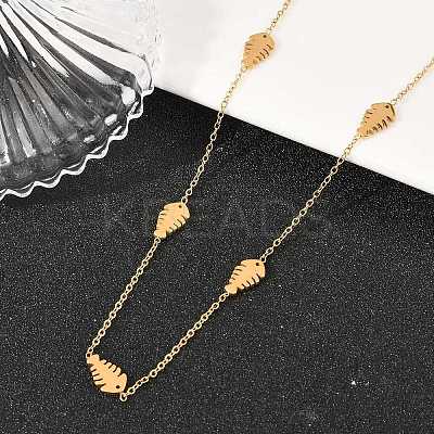 304 Stainless Steel Fish Bone Shaped Link Chain Necklaces for Women NJEW-A064-04G-1