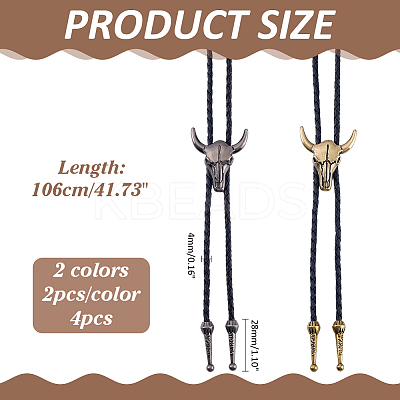 4Pcs 2 Colros Retro Alloy Pendant Black PU Leather Lariat Bolo Tie Necklaces NJEW-ME0001-11A-1