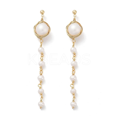 Round Brass Natural Freshwater Pearl Tassel Stud Earrings EJEW-U072-02G-1