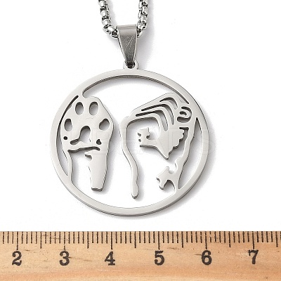 201 Stainless Steel Hollow Flat Round Animal Liberation Front Pendant Necklaces LS-NJEW-H065-20P-1