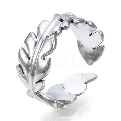 Non-Tarnish 304 Stainless Steel Leaf Open Cuff Ring for Women RJEW-N040-28-1