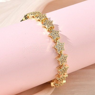 Clear Cubic Zirconia Star Link Chains Bracelet BJEW-G773-01G-1