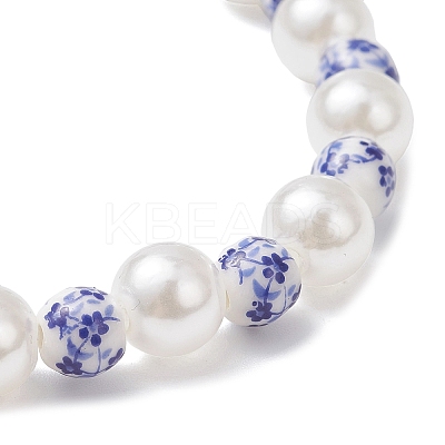 Handmade Flower Printed Porcelain Ceramic & ABS Plastic Imitation Pearl Beaded Stretch Bracelets for Women BJEW-JB12737-1