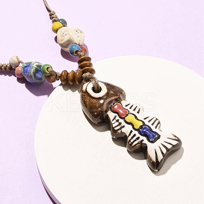 Ceramic Fish Pendant Adjustable Waxed Cord Necklaces for Women LS-NJEW-B146-02-1