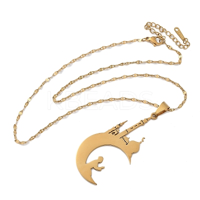 201 Stainless Steel Hollow Moon with Castle and Prayer Pendant Necklaces for Ramadan & Eid Mubarak NJEW-D318-05G-1