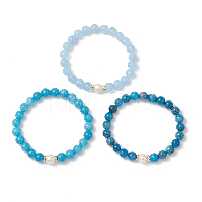 3Pcs Round Natural Blue Quartz & Dyed Quartz & Apatite & Pearl Beaded Stackable Stretch Bracelets Sets BJEW-JB12989-1