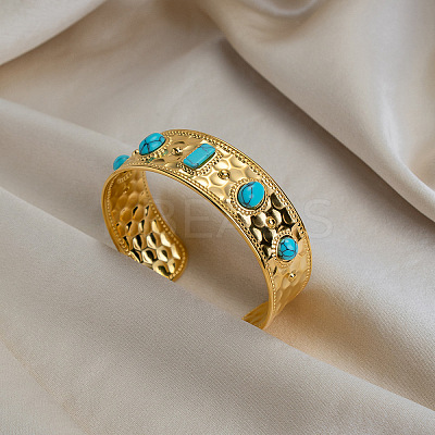 Vintage 304 Stainless Steel Pave Synthetic Turquoise Cuff Bangles for Women FO8532-1