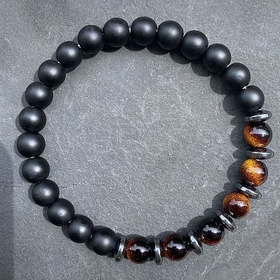 Natural Tiger Eye & Matte Black Obsidian Round Beads Stretch Bracelets for Men Women UT1293-3-1