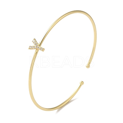 Rack Plating Brass Micro Pave Clear Cubic Zirconia Letter Open Cuff Bangles BJEW-A018-01G-Y-1