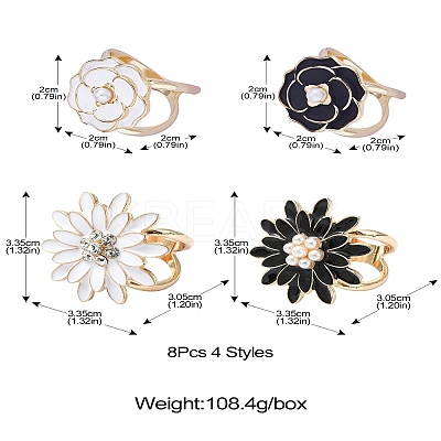 8Pcs 4 Styles Carnation & Daisy Golden Alloy Enamel Scarf Buckle Ring AJEW-CJ0001-33-1