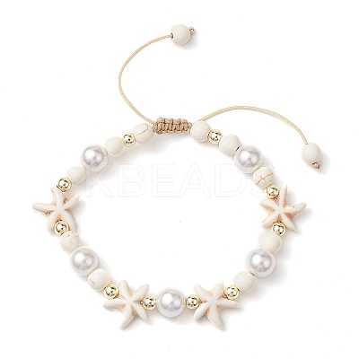 Adjustable Dyed Synthetic Turquoise & Shell Pearl Braided Bead Bracelets BJEW-JB10513-01-1