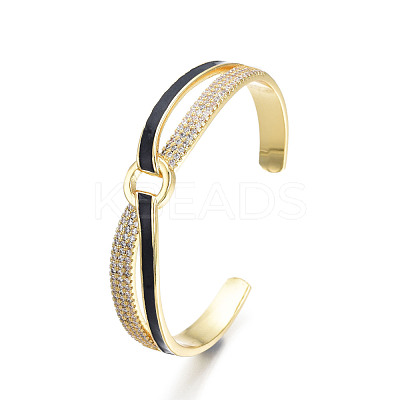 Clear Cubic Zirconia Criss Cross with Ring Open Cuff Bangle with Enamel BJEW-N012-018-1
