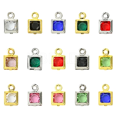 30Pcs 15 Colors Square Rack Plating Brass Glass Charms KK-FS0001-40-1