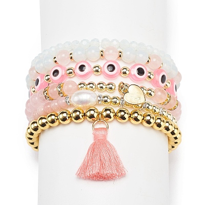 6Pcs 6 Style Natural & Synthetic Mixed Gemstone & Pearl & Resin Evil Eye Stretch Bracelets Set BJEW-JB08885-1