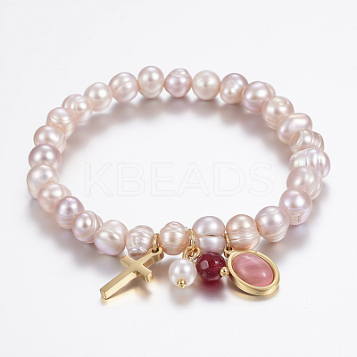 Natural Pearl Charm Bracelets BJEW-K197-02B-1