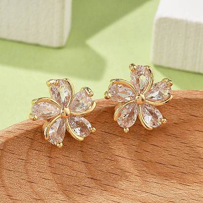 Flower Brass Micro Pave Cubic Zirconia Stud Earrings for Women EJEW-G428-28A-02-1