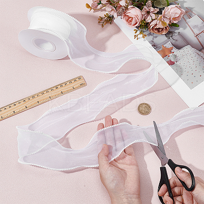 5 Yards Organza Plastic Ribbon with Plastic Pearl Edged OCOR-WH0101-185A-1