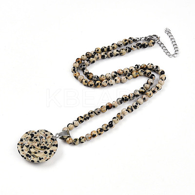 Natural Dalmatian Jasper 4.5mm Round Beaded Flower Pendant Necklaces NJEW-T016-04H-1