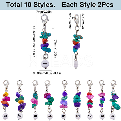 20Pcs Number 0~9 Synthetic Turquoise Chip & Acrylic Beaded Locking Stitch Markers HJEW-SC0001-54-1