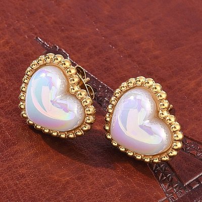 304 Stainless Steel Shell Heart Stud Earrings for Women LS-EJEW-Z095-02G-1