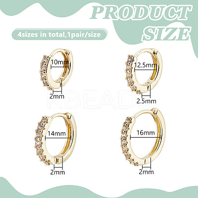 8Pcs 4 Styles Brass Clear Cubic Zirconia Hoop Earrings EJEW-DR0001-02G-1