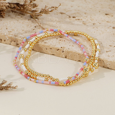 3Pcs 3 Styles Glass Seed Beads & Brass Beads Stretch Bracelets Set for Women VQ8944-1-1
