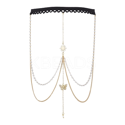 Brass Clear Cubic Zirconia Layered Sun Butterfly Tassel Thigh Leg Chains AJEW-AN00638-1