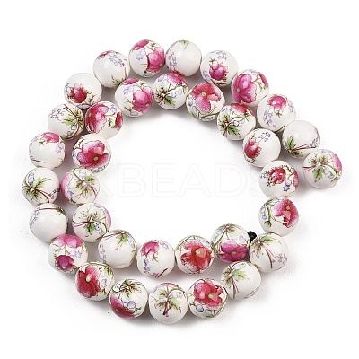 Handmade Flower Printed Porcelain Ceramic Beads Strands PORC-M007-10mm-17-1