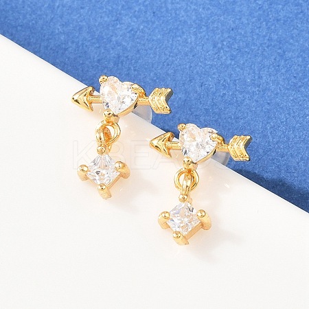 Heart Brass Micro Pave Clear Cubic Zirconia Dangle Stud Earrings EJEW-A150-02G-1